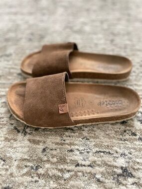 Biostep Suede Slide Sandals Size 8 Brown Cork Footbed